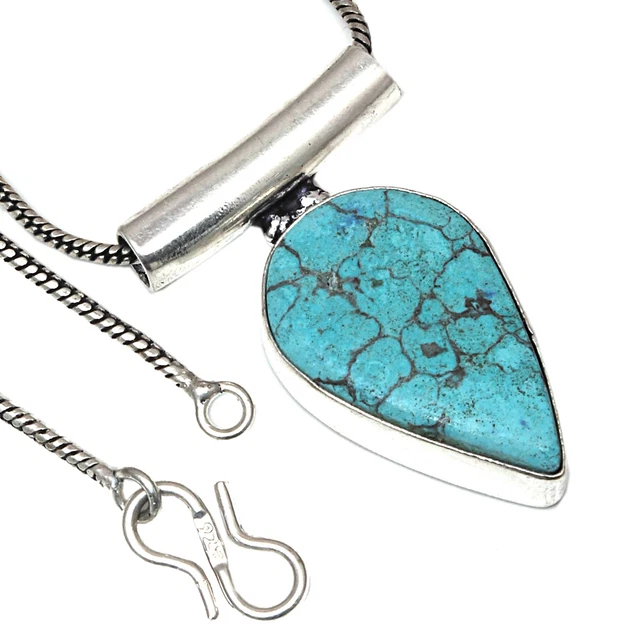 Pendant Tibetan Turquoise Gemstone Handmade Antique 925 Silver Jewelry 1.5"