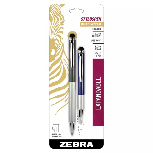 Pk/2 Zebra StylusPen Telescopic Ballpoint Pens, Blue & Grey