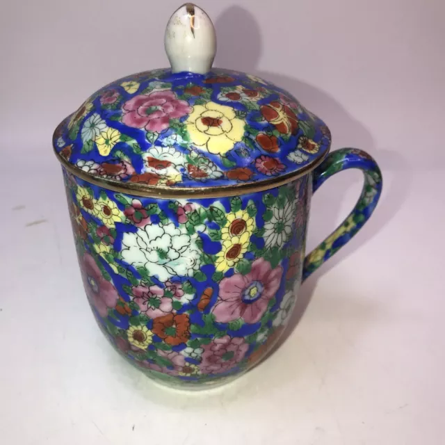 Vintage Chintz Chinese Blue Floral Gold Porcelain Flowers Tea Cup Mug with Lid