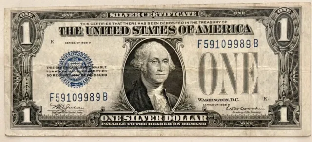1928-D FR. 1604 Rare F-B Block $1 One Dollar, Funnyback, Silver Certificate, VF+