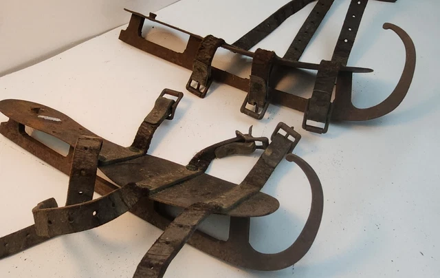 Antique Primitive 19th Century Wrought Iron Hand Forged Leather Strap Ice Skates