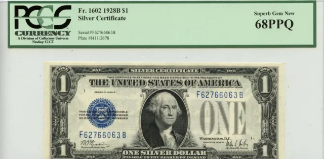 1928B $1 Silver Certificate Blue Seal FR#1602 PCGS Superb Gem 68 PPQ