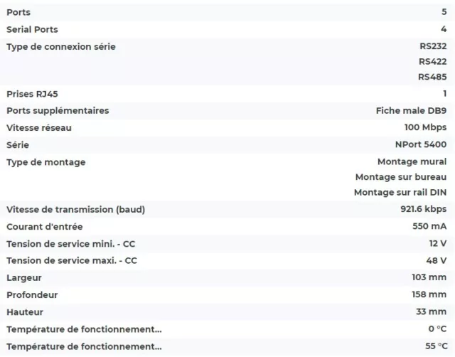 Serveur pour périphériques série. 4 ports RS232/RS422/RS485 MOXA NPORT 5450I 3