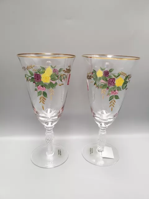 Royal Albert Old Country Roses 2 Hand Painted Stemmed Crystal Water Glasses NWT