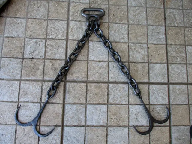Antique Wrought Iron 2 Double Hook With Chain Hanging Kitchen Rustic Farm Tool