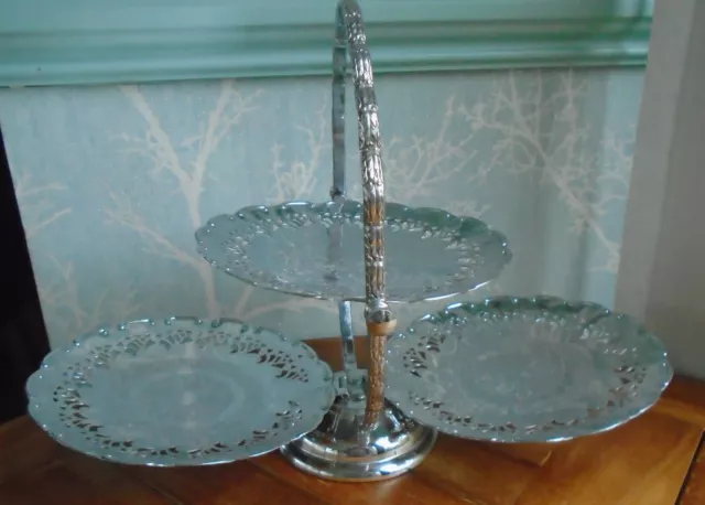 Vintage 3 tier folding chrome cake stand. Fluted rim, pierce detail & engraved