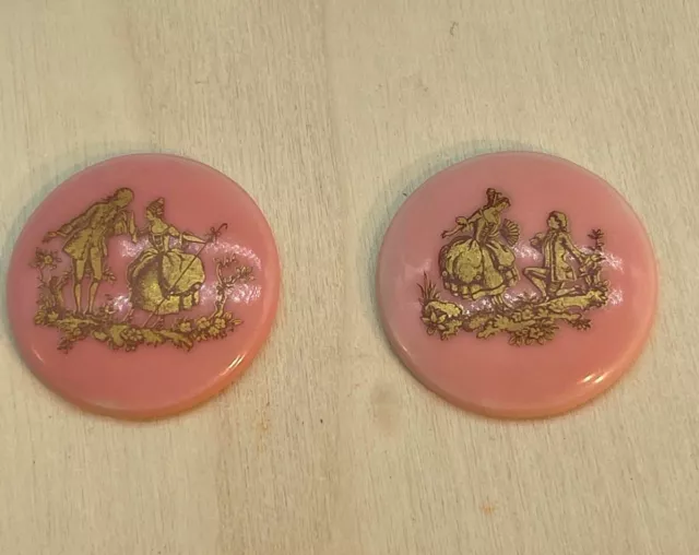 Limoges 2 Cabochons Porcelaine Limoges 23 Mm Fond Rose Fragonard