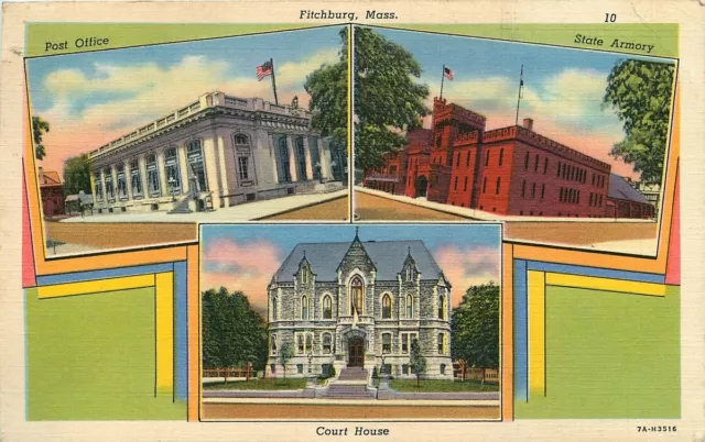 FITCHBURG MA MULTI VIEW POST OFFICE ARMORY COURT HOUSE POSTCARD c1940