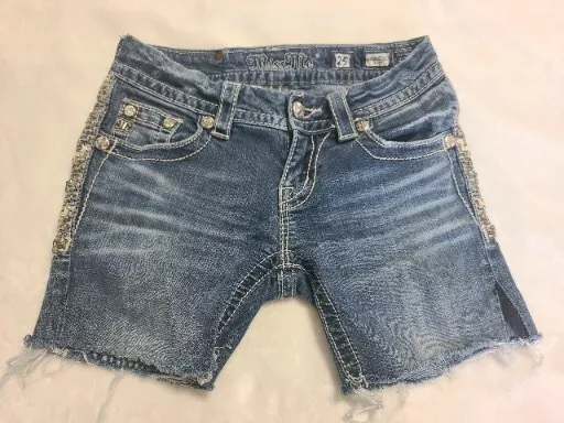 Miss Me Womens Cutoff Denim Shorts Size 25 Blue Stretch Pocket Flap Low Rise