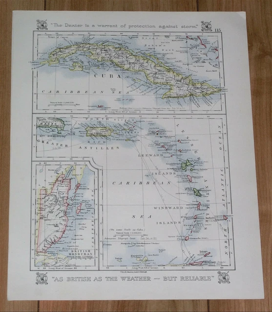 1921 Map Of West Indies Cuba Belize Puerto Rico Montreal Quebec Niagara Falls