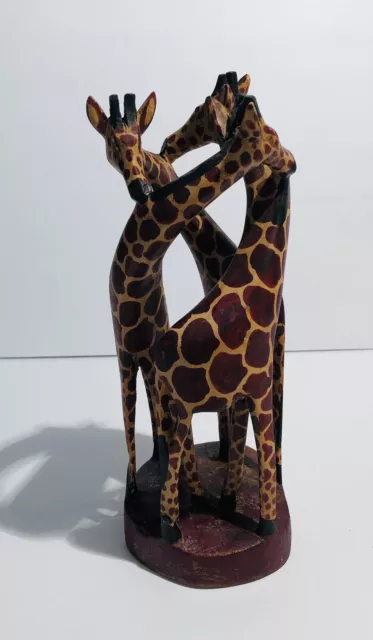 Wooden Hand Carved Circle Of 3 Entwined Giraffes 12" Tall Handmade In Kenya
