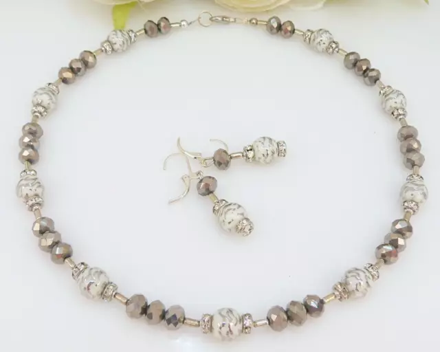 2er Schmuckset Halskette Collier Ohrringe Perlen Glas weiß silber  Strass 156e