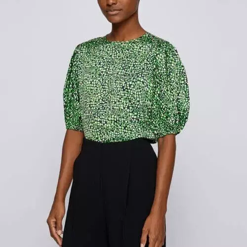 BOSS Hugo Boss Women Green Iflori Printed Puff Sleeve Top Blouse Size 6 NEW $198