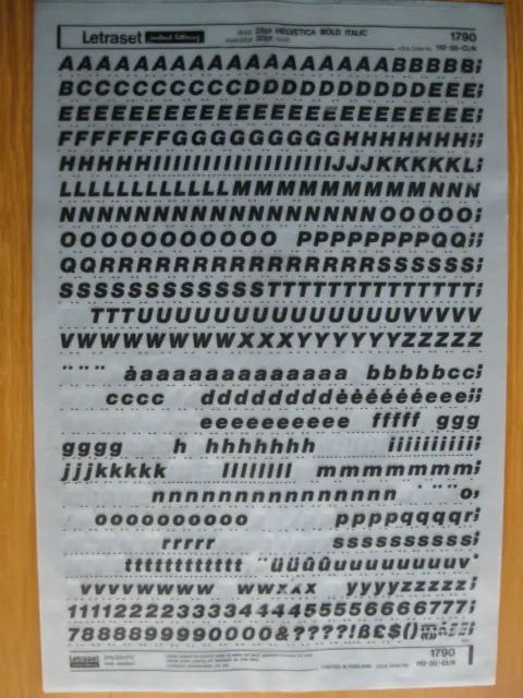1 x Letraset  Upp/Low/Num   HELVETICA BOLD ITALIC 28pt 7.9mm Sheet 1790   (bb)