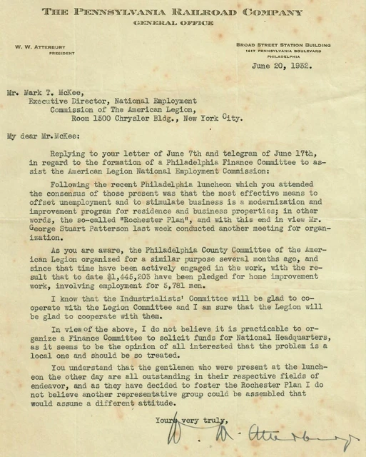 &PENNSYLVANIA RAILROAD PRESIDENT& William Atterbury lettre signée 1932