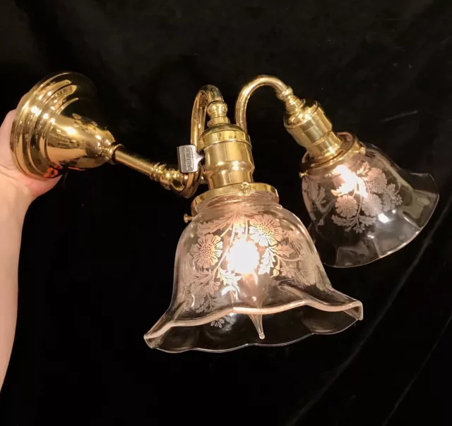 Antique Vtg Double Gooseneck Wall Light Fixture Etched Shades Industrial Era