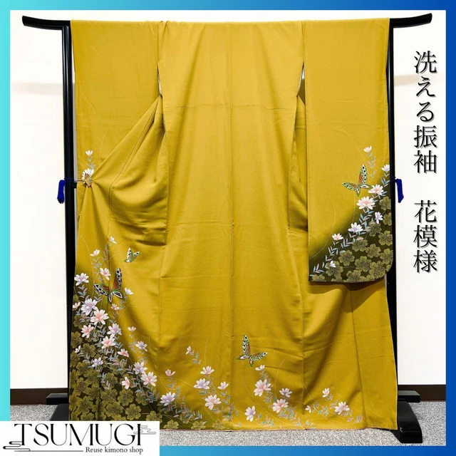 Japanese Kimono Silk Long-sleeved Kimono Furisode 173cm Butterfly Golden Yellow