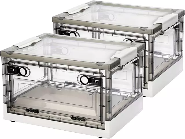 2PCS Collapsible Storage Bin Clear Plastic Box Container W/Lid Wheels 2 Door