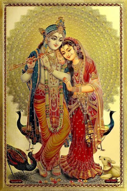 Indian traditional Brass Radha Krishna Poster Idol 18 X 12 Inch Multicolor