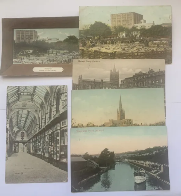 6x Norwich Postcards Norfolk Vintage Arcade Castle Market edwardian