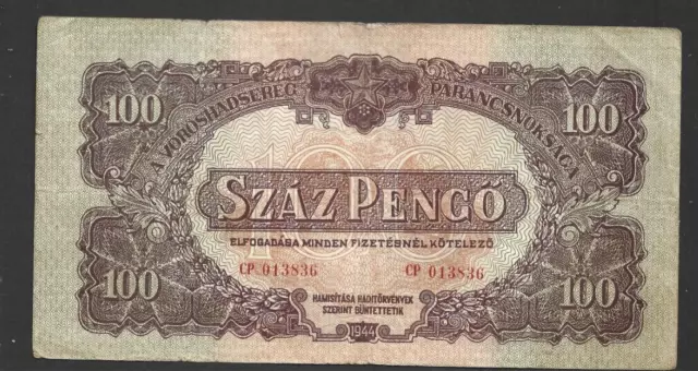 100 Pengo Very Fine Banknote From Russian Occupied Hungary 1944  Pick-M8