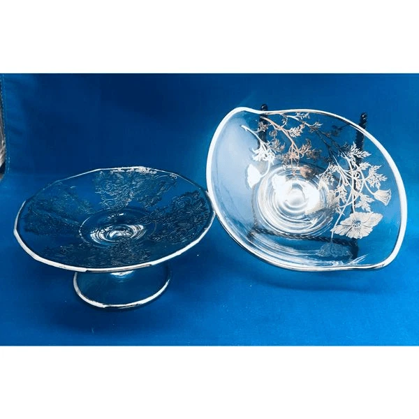 VINTAGE SILVER  CLEAR GLASS CANDY DISH FLORAL/ Grapes 2 PC 5.5x5.5x2”.