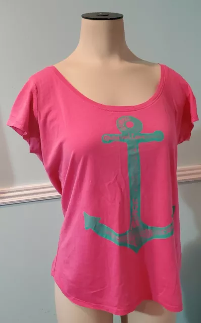 medium Volcom womens HOT PINK teal anchor Graphic T Shirt Size M cute stone