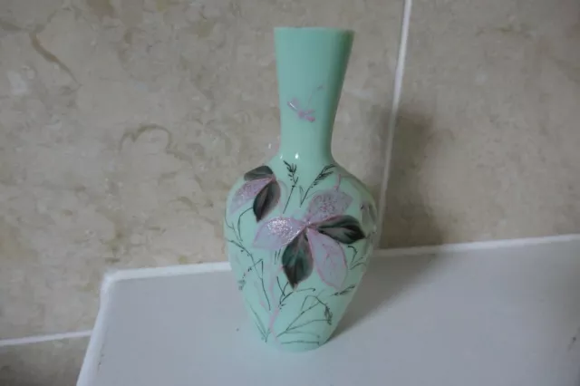 Victorian Green Glass 15.5Cm Vase With Pink Leaf/Cream Flower +Butterfly Design