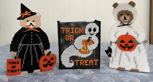 Lote de 3 cajas y cestas de tela con aguja de lona hechas a mano de Halloween de colección