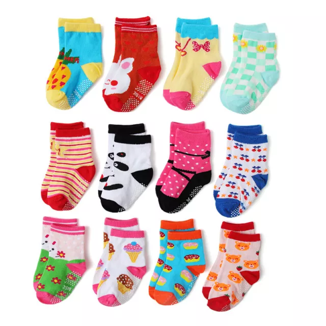 12 Pairs Baby Anti-Skid Socks with Grips Ankle Socks 1-3 Years Cotton Multicolou