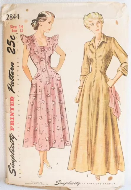 Vintage 1940s Simplicity 2844 House Coat Dress Pattern Size 14 Uncut