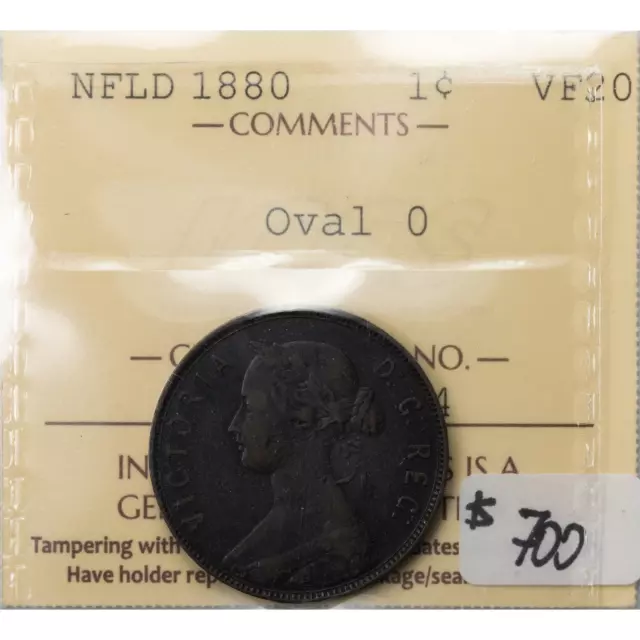 Newfoundland 1880 Oval '0' 1 Large Cent Coin - ICCS VF-20