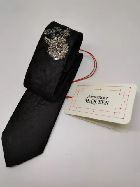 Alexander McQueen Ivy Creeper Beaded Flower Silk Skinny Tie Made In Italy (BNWT)