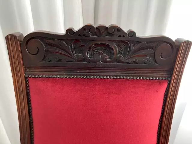 Antique Edwardian era carved grandfather chair armchair in cherry red velvet 3