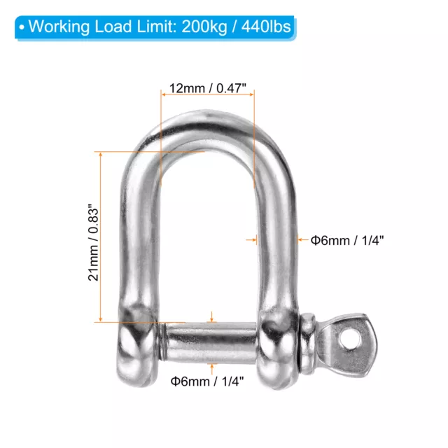 Screw Pin Shackle M6 1/4" 440lbs, 5 Pack 304 Stainless Steel D Shackle, Silver 2