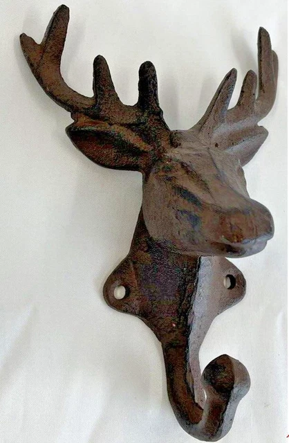 Cast Iron Moose Elk Deer Head Antler Bust Wall Mount Hook Mtn Cabin NO SCREWS