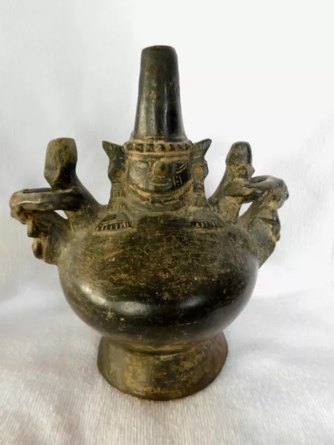 Lambayeque Pre-Columbian 900-1470 AD Black Ware Bottle Vase w/ WARRIOR-Chimu