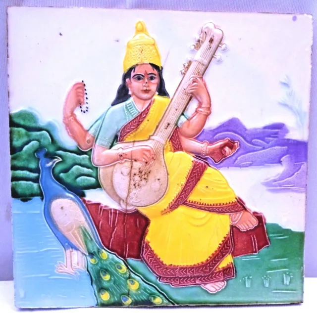 Antique Sarasvati Raja Ravi Varma Tile Painting Object Majolica Art India Ceram