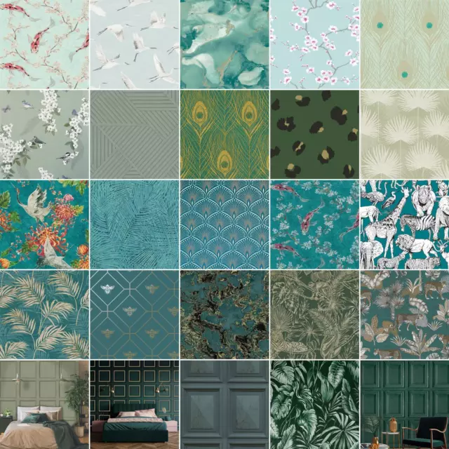 Teal | Green | Duck Egg Wallpaper - Geometric Floral Animals Metallic & More