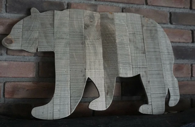 Large Brown Bear Wood Plank Sculpture Sign Rustic Lodge Cabin Camping Home Decor