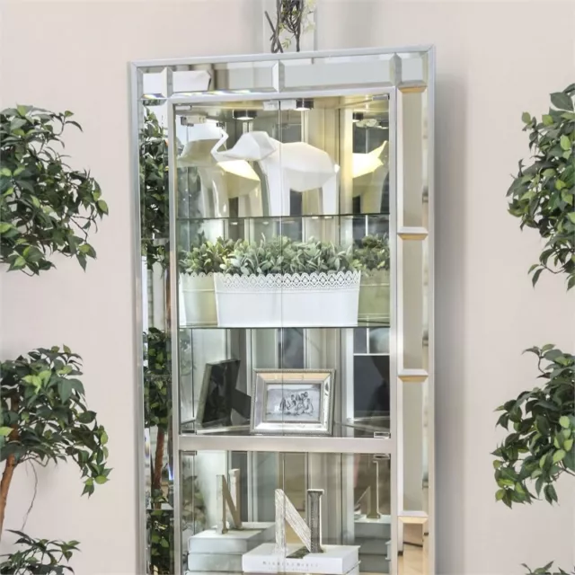 Wood and Glass Corner Curio Cabinet with Five Shelves Silver Wood and Glass Corner Curio Cabinet with Five Shelves Silver