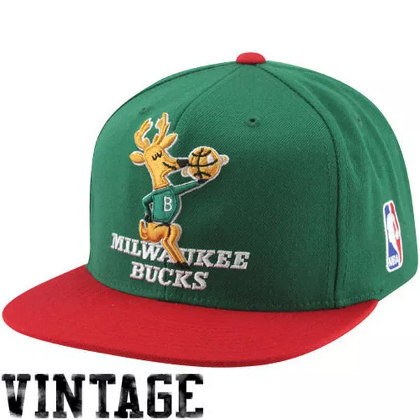 Milwaukee Bucks NBA Mitchell & Ness XL Logo Two Tone Snapback Hat Cap- Green/Red