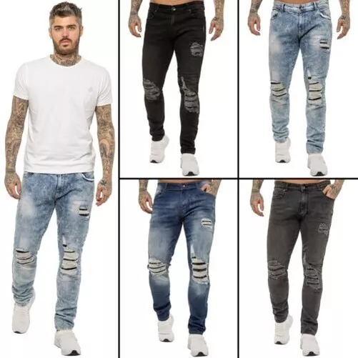 Enzo Mens Skinny Stretch Jeans Ripped Denim Cotton Slim Fit Trousers Pants