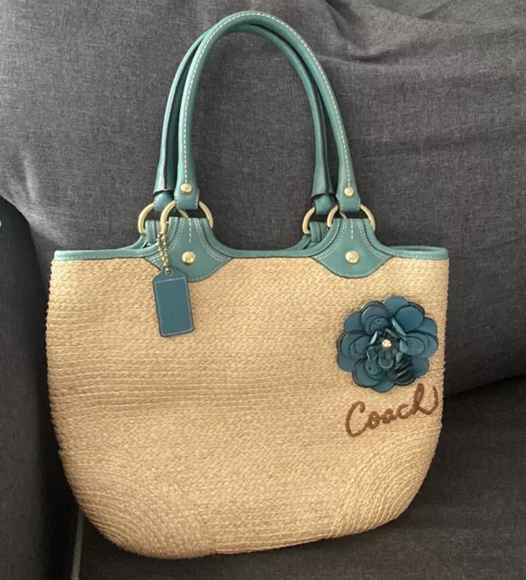 COACH Straw Handbag With Teal Leather Trim And Flower