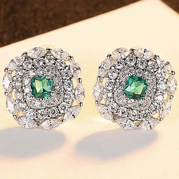 Created Emerald & White Sapphire 925 Earrings Sterling Silver Statement Jewelry