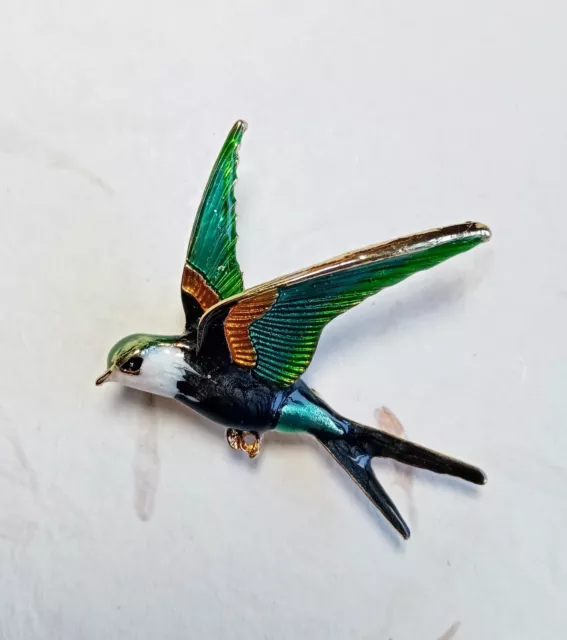 Bright Enamel Swallow Bird Brooch Green Blue Black Gold tone with Gift Bag