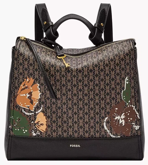 Fossil Elina Convertible Black Floral Logo Backpack SHB2999979 NWT $180 MSRP FS