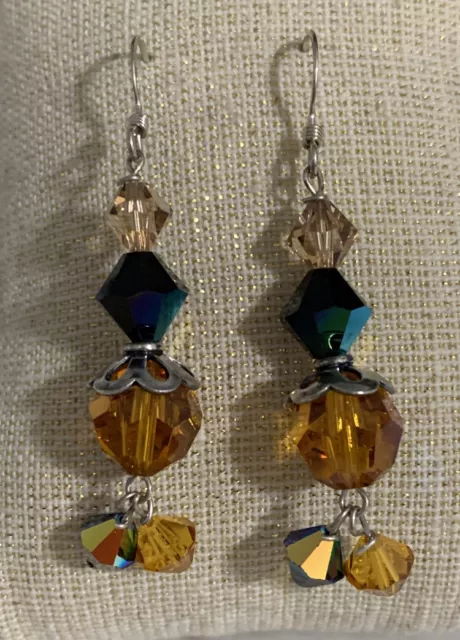 Vintage Sterling Silver With Topaz Swarovski Crystal Dangle Earrings