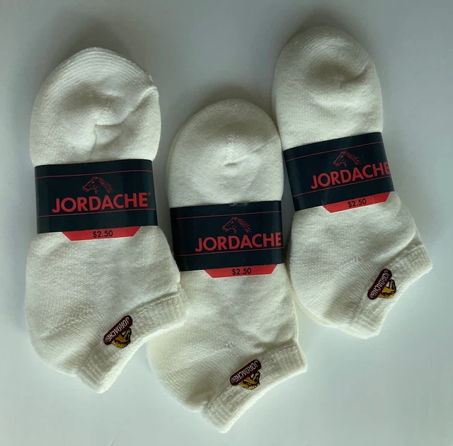 VINTAGE JORDACHE Ankle Socks ORLON Roll Top LOGO 8701 White Lot 3 pairs USA