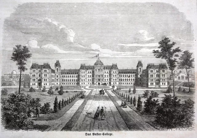 ca. 1870 Vassar College Poughkeepsie New York Ansicht Holzstich antique print